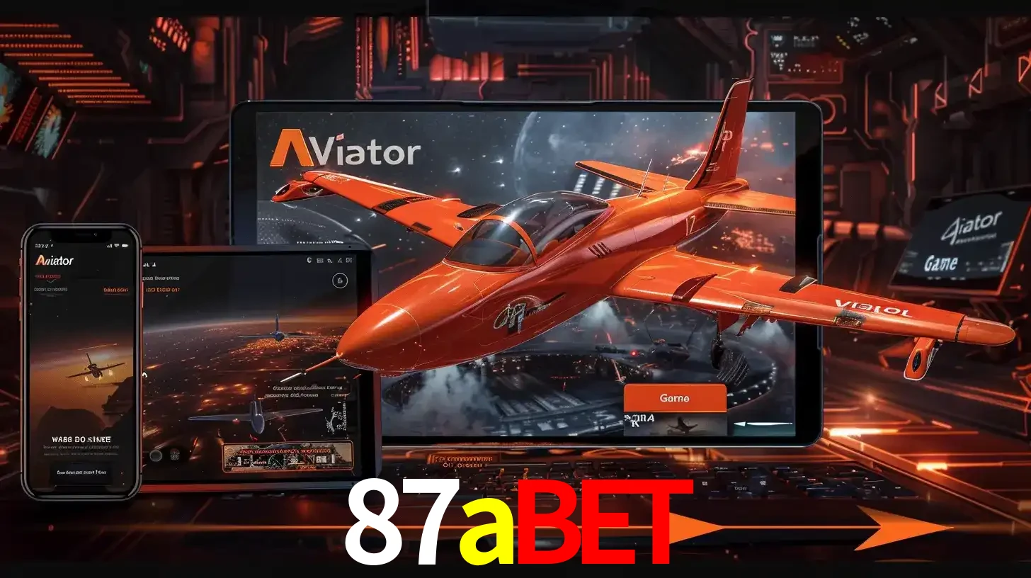 Apresentação tecnológica do jogo Aviator com um avião saindo da tela de um tablet, demonstrando a experiência imersiva em múltiplos dispositivos no 87abet.