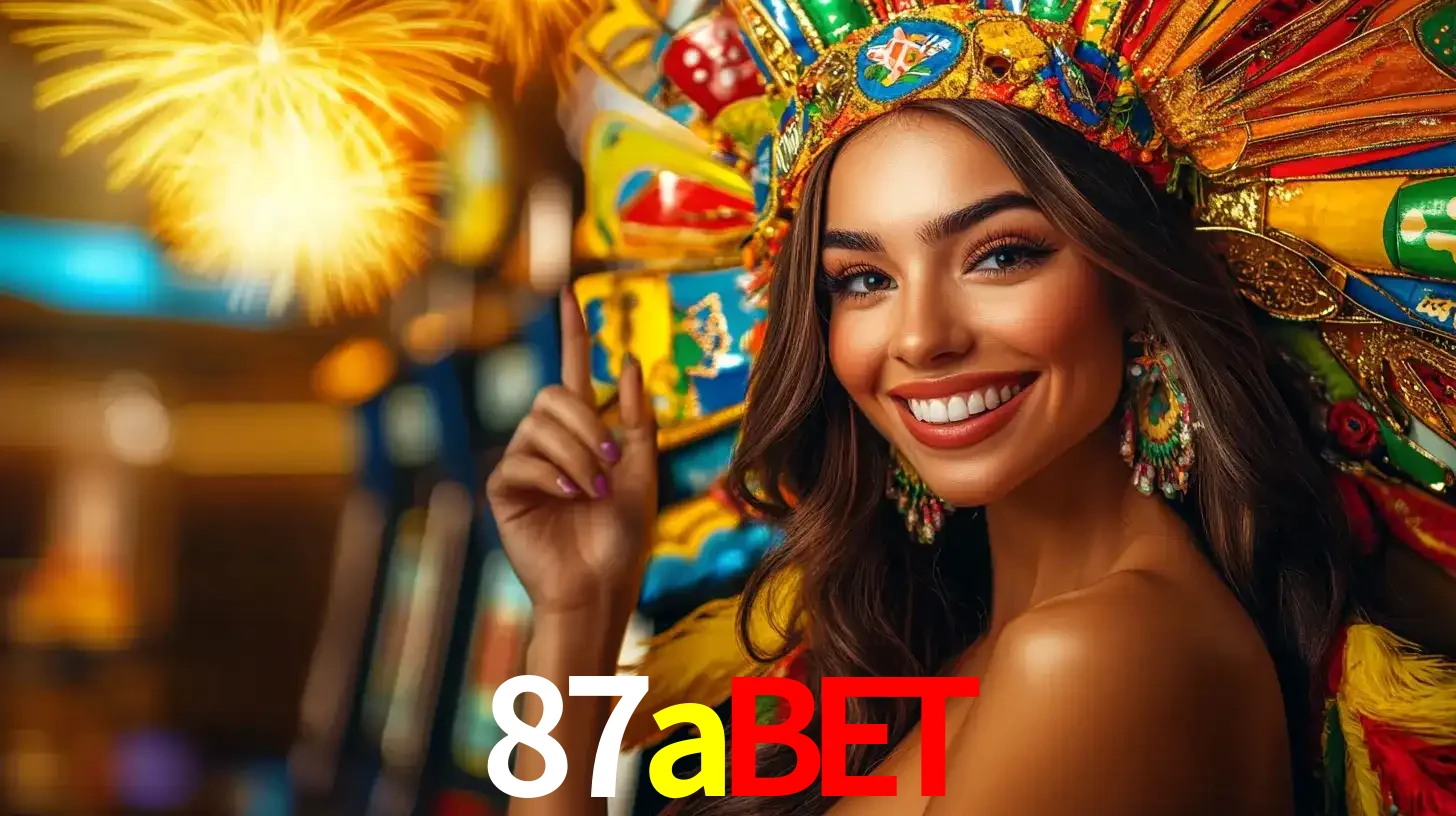 Mulher sorridente com um cocar de carnaval vibrante e colorido, celebrando uma grande vitória nos jogos do cassino 87abet com fogos de artifício ao fundo.