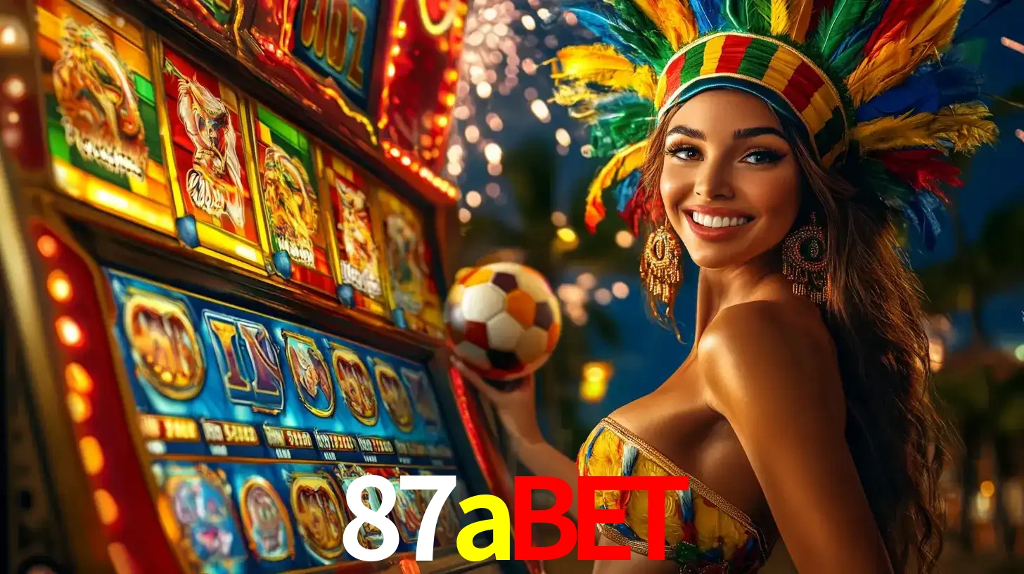 Mulher com um cocar de carnaval ao lado de uma máquina de caça-níqueis enquanto segura uma bola de futebol, mostrando a união da diversão de cassino e esportes no 87abet.