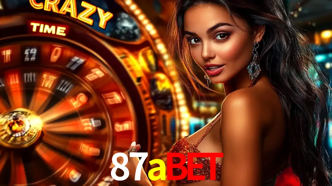 Mulher ao lado da roda de prêmios do jogo de cassino ao vivo Crazy Time, um dos shows de jogos mais emocionantes oferecidos pela plataforma de apostas 87abet.
