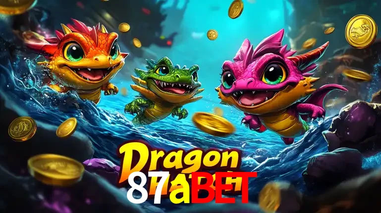 Arte promocional do jogo Dragon Hatch com três adoráveis dragões bebês nadando entre moedas de ouro, um dos slots mais divertidos para jogar no cassino 87abet.
