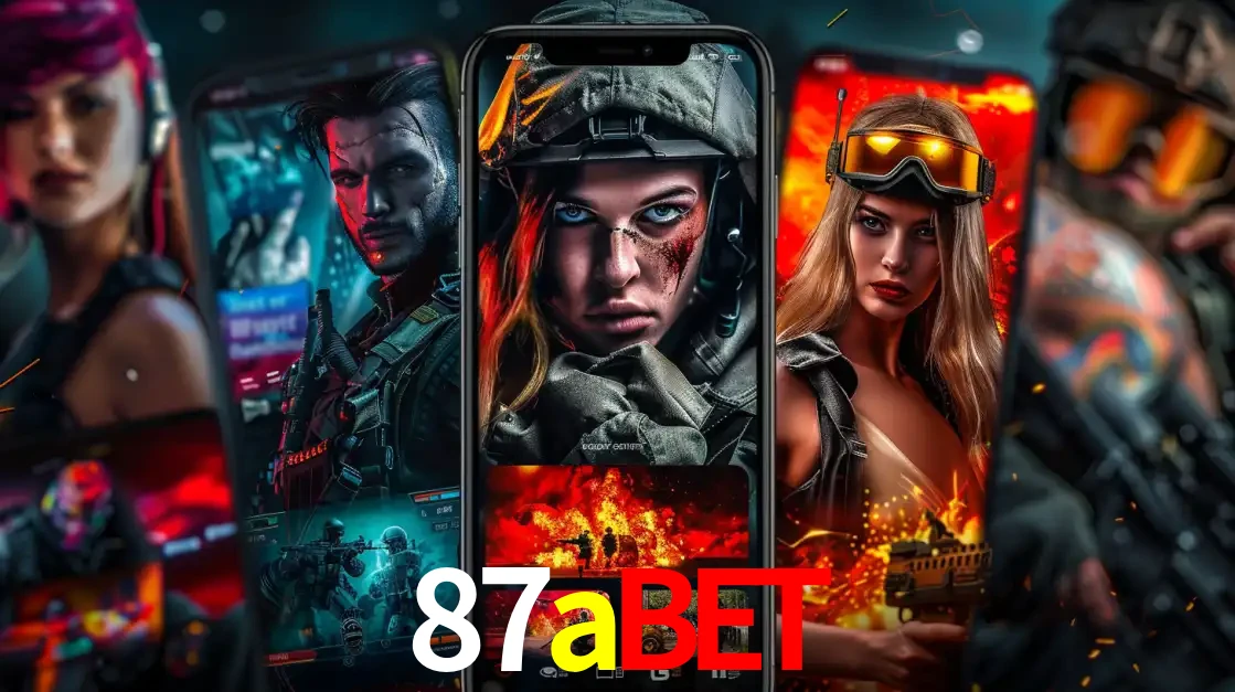 Montagem de telas de celular mostrando diversos personagens, masculinos e femininos, de um jogo de tiro, ilustrando a diversidade de equipes de e-sports para apostar no 87abet.