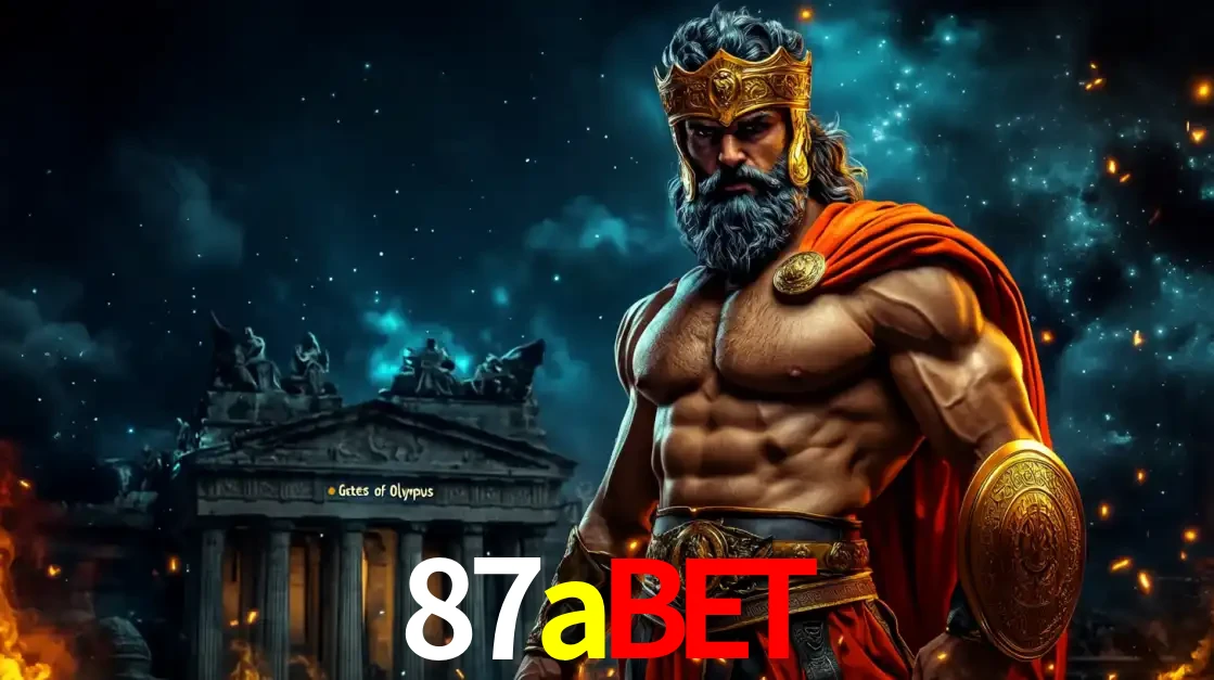O poderoso Zeus do jogo de slot Gates of Olympus em frente ao seu templo, pronto para lançar multiplicadores divinos e prêmios épicos no cassino online 87abet.
