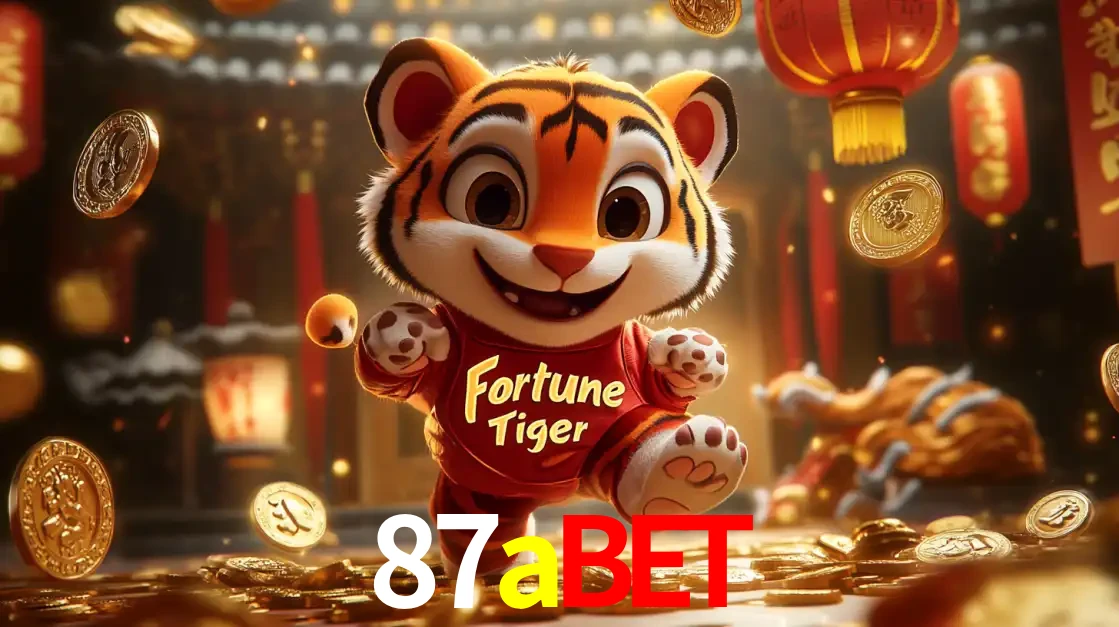 O alegre personagem do Fortune Tiger correndo sobre um caminho de moedas de ouro, simbolizando os grandes prêmios e a diversão do popular jogo de slot do 87abet.