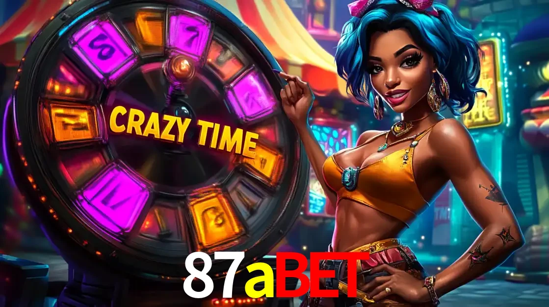Mulher estilizada com cabelo azul e visual vibrante posando ao lado da roda de prêmios do game show Crazy Time, convidando para a diversão e os bônus do cassino 87abet.