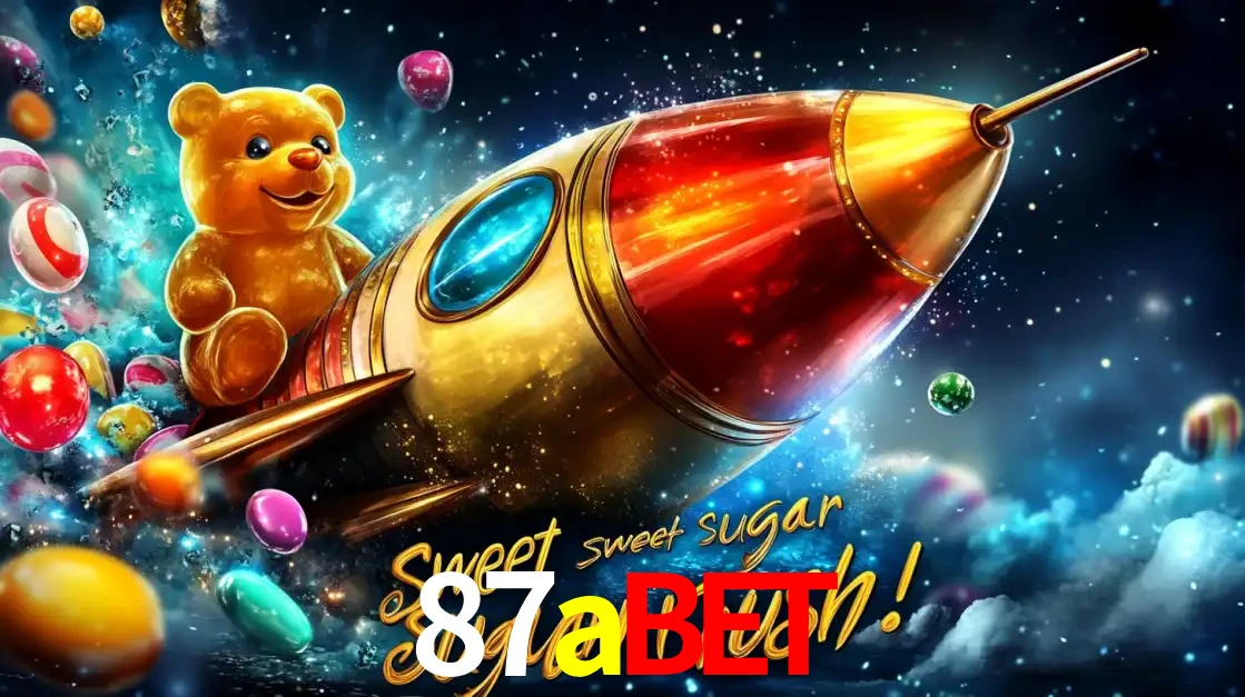 Arte promocional do jogo de slot Sugar Rush, com um urso de pelúcia em um foguete viajando pelo espaço de doces, um dos jogos divertidos disponíveis no cassino 87abet.