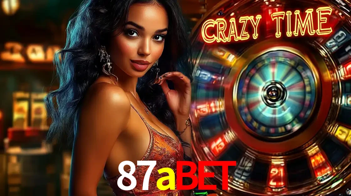 Mulher elegante ao lado da vibrante roda da fortuna do jogo de cassino ao vivo Crazy Time, um dos game shows mais populares e cheios de prêmios do 87abet.