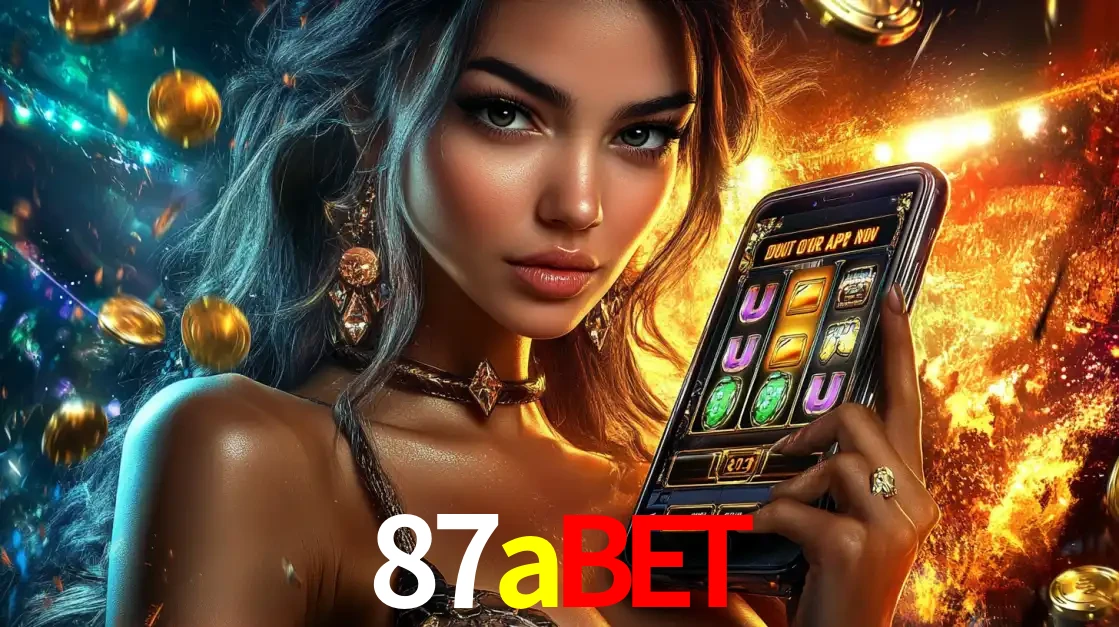Mulher elegante mostrando um jogo de caça-níqueis em seu smartphone, destacando a experiência de cassino móvel oferecida pelo aplicativo 87abet.