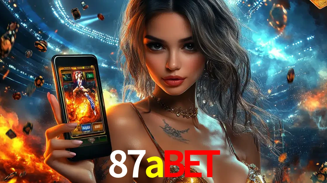 Mulher segurando um celular com um jogo de slot em destaque, tendo como fundo um estádio vibrante, simbolizando a emoção de jogar no cassino móvel 87abet.