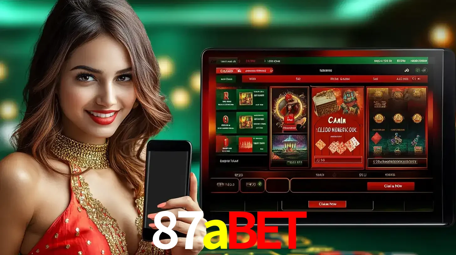 Mulher sorridente segurando um smartphone, ao lado de uma tela exibindo o lobby de jogos do cassino online 87abet, com várias opções de jogos de cartas e slots.